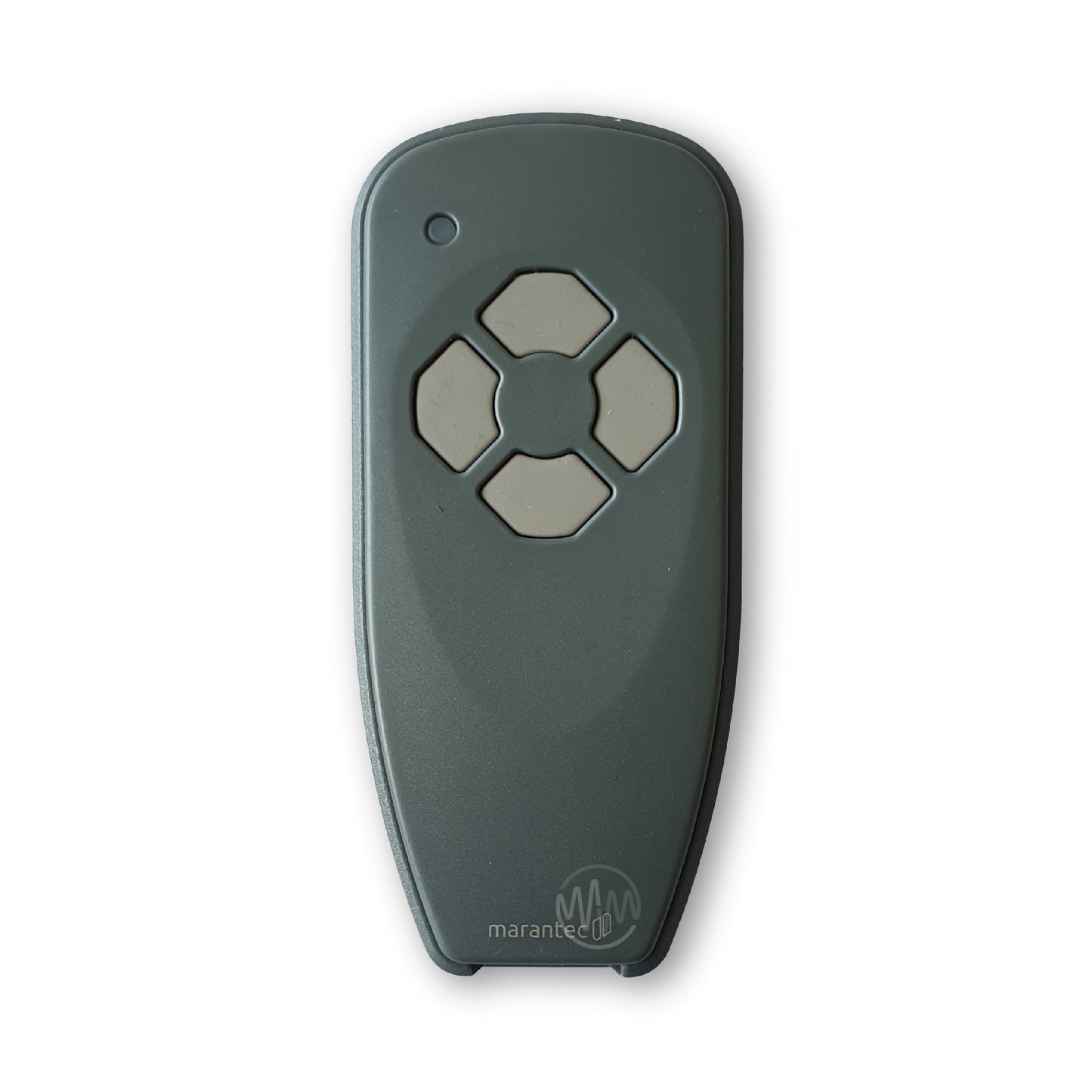 Long thin dark grey Marantec Digital 384 garage & gate remote control with 4 grey buttons arranged in a diamond