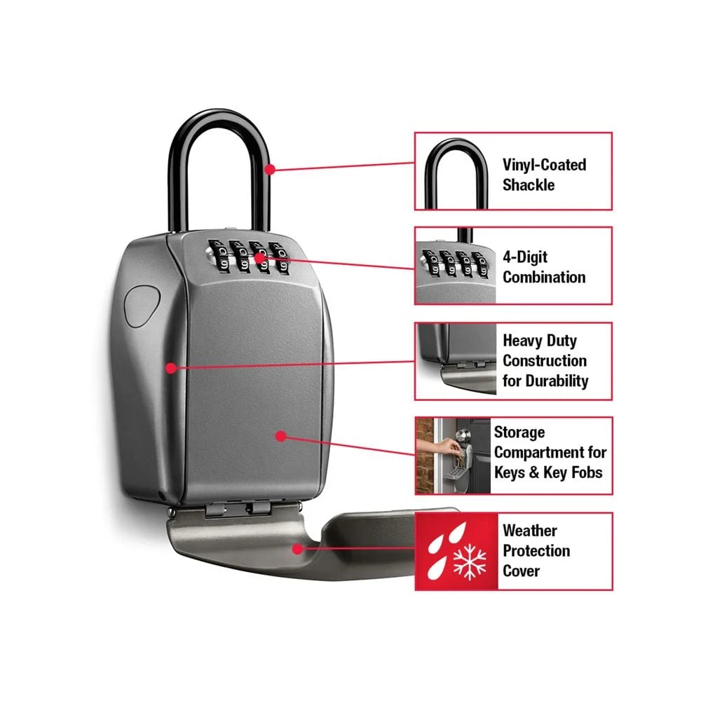 Master Lock MA5414 metal shackle style lock box with cover open showing combination dials