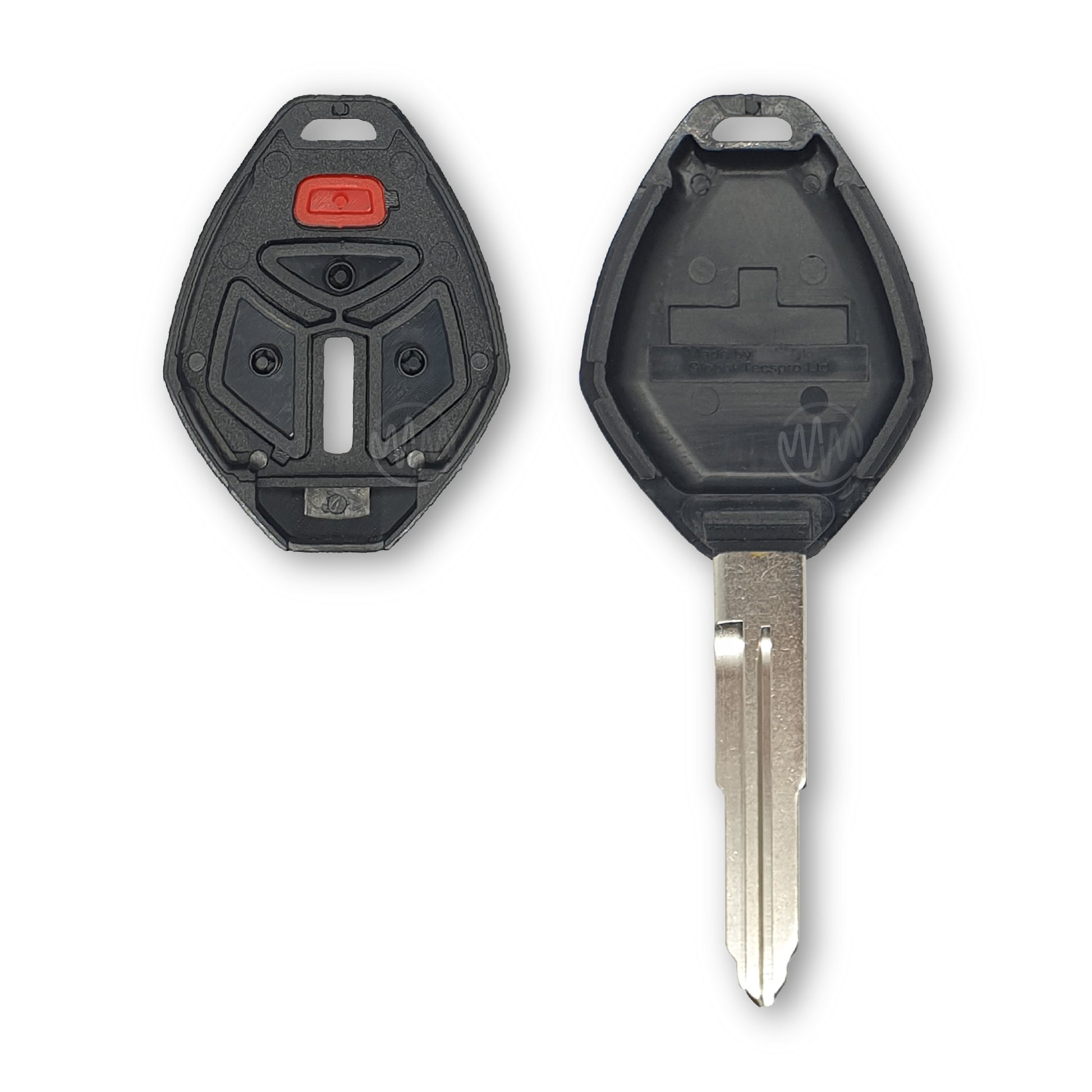 Inside of replacement black car key shell with metal key blade attached for Mitsubishi