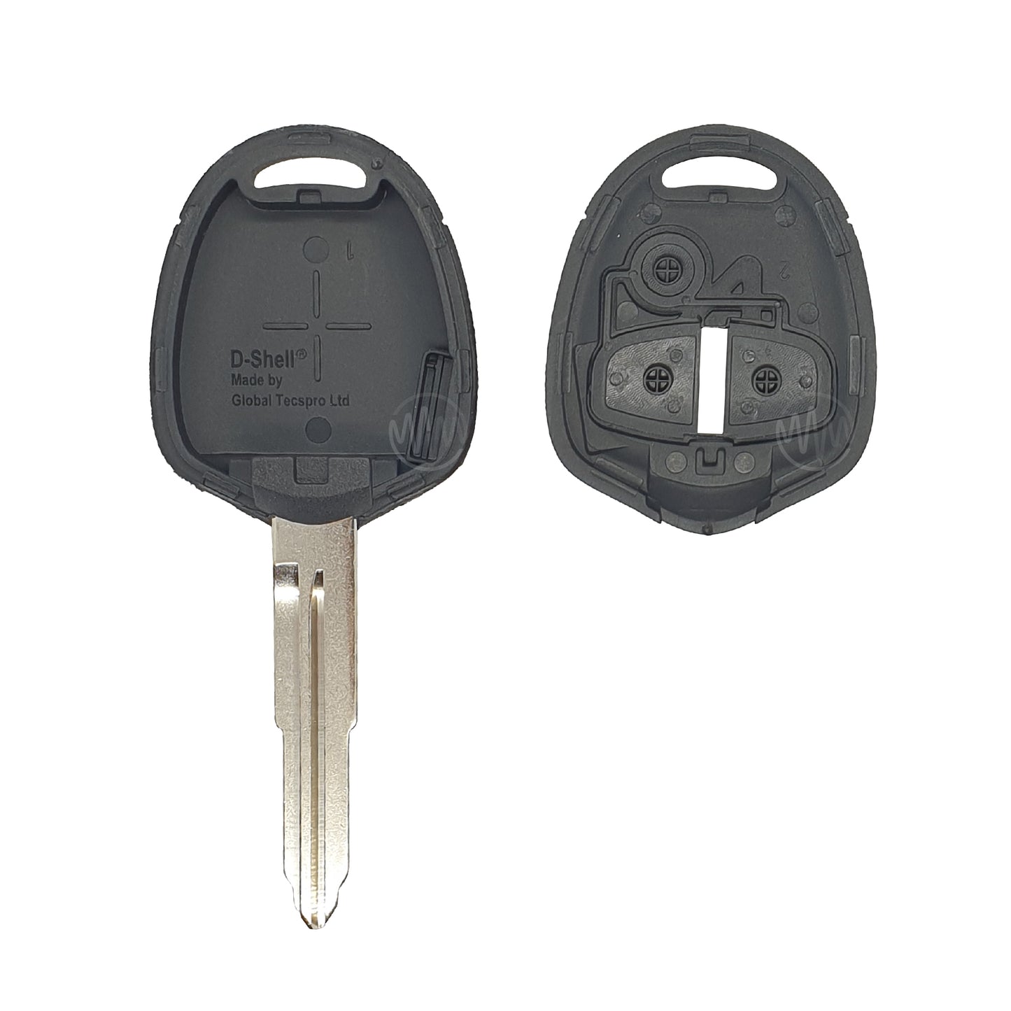 Inside of replacement black car key shell with metal key blade attached for Mitsubishi