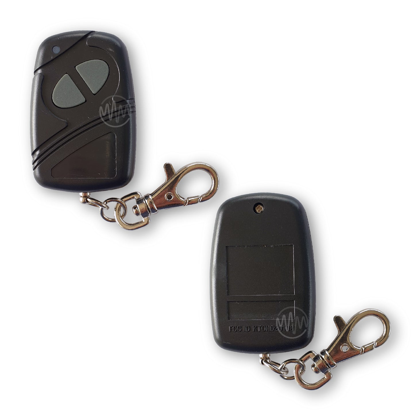 Front & back view of black Mongoose car alarm remote with grey rubber oval button design split into 2 buttons