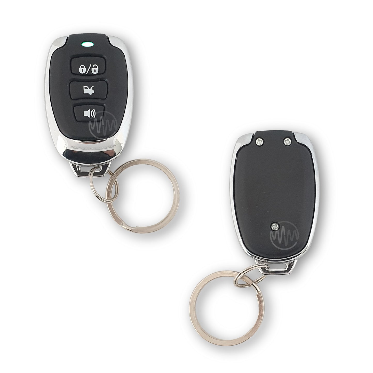 Mongoose black & chrome tapered oval 3 button remote with green led  car alarm remote front & back view