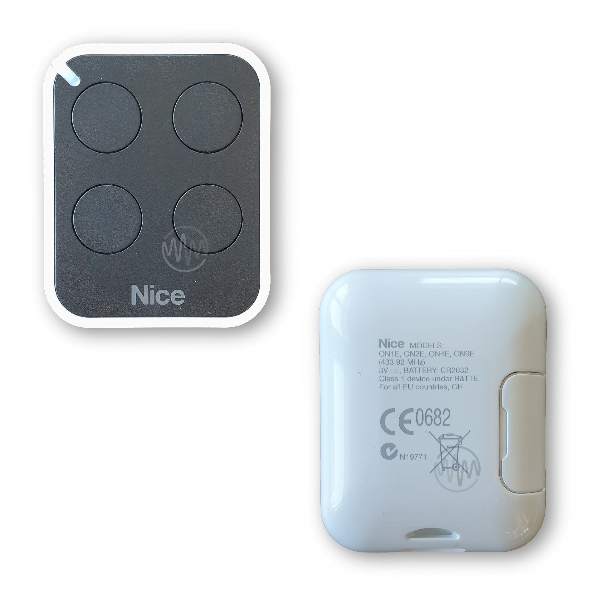 Front & back of Nice branded black & white rounded square gate remote with 4 round black buttons