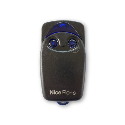 Nice Flor-S branded black remote with 2 clear royal blue round buttons & light panel