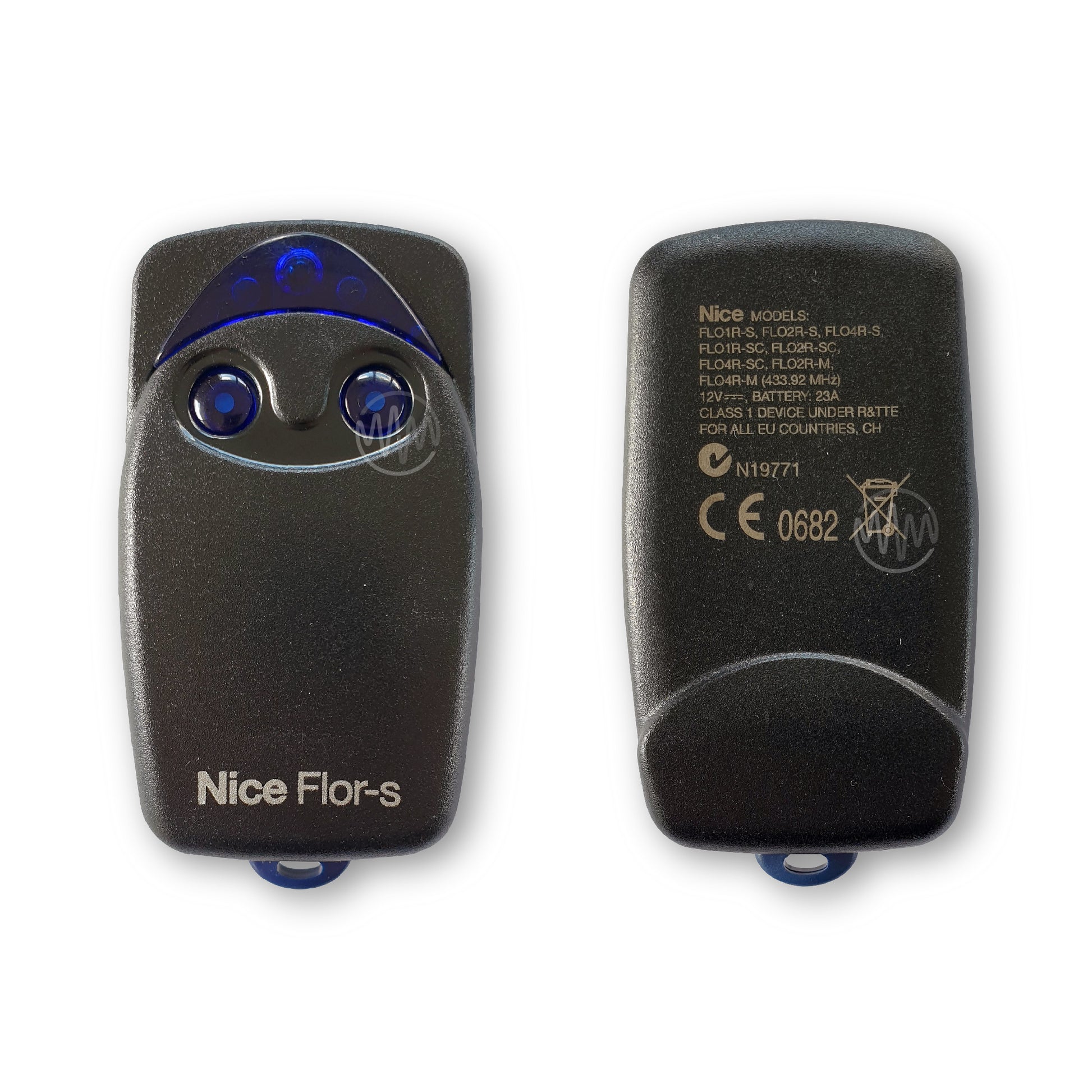 Front & back of Nice Flor-S branded black remote with 2 clear royal blue round buttons & light panel