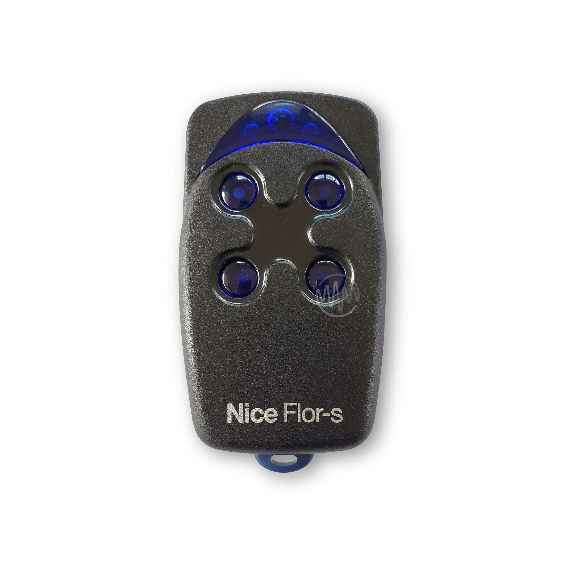 Nice Flor-S branded black remote with clear royal blue 4 round buttons & light panel