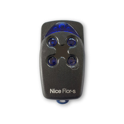 Nice Flor-S branded black remote with clear royal blue 4 round buttons & light panel