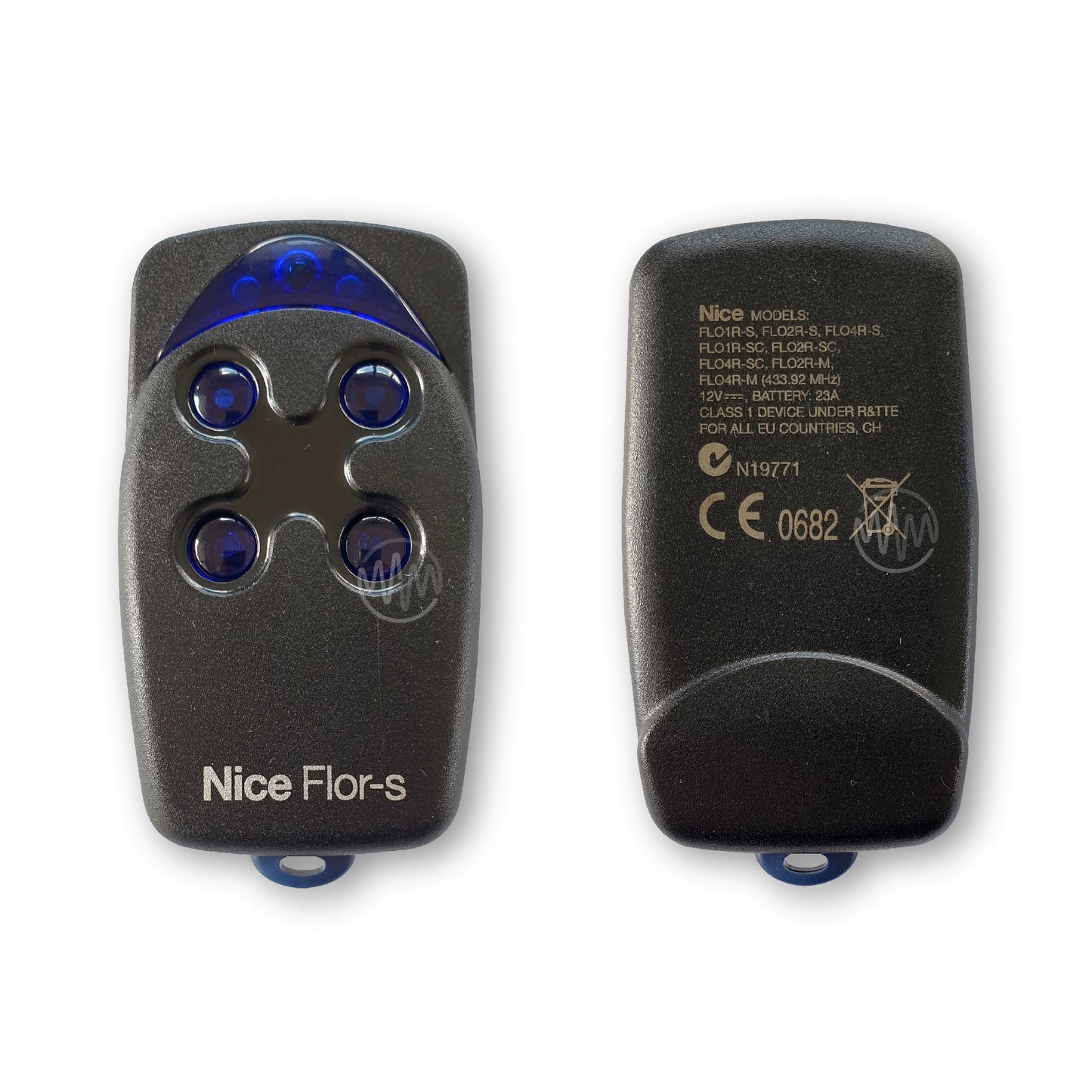 Front & back of Nice Flor-S branded black remote with clear royal blue 4 round buttons & light panel