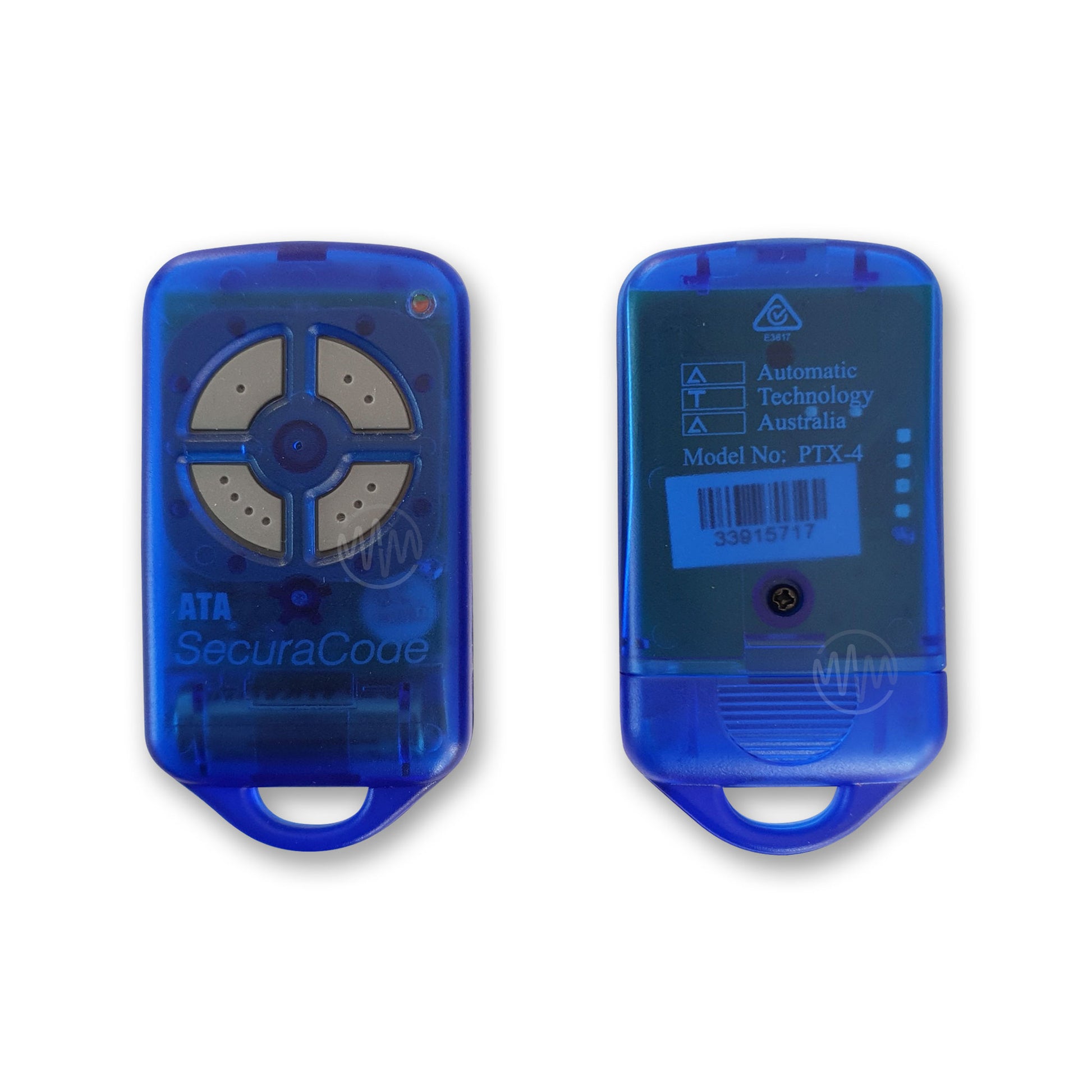 PTX-4 garage & gate remote with blue case & 4 grey buttons front & back view