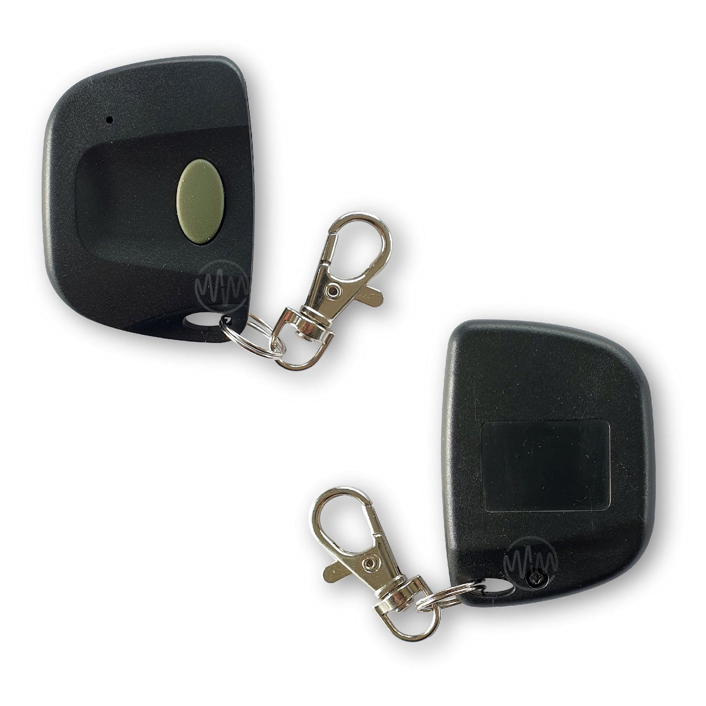 Front & back of black keyring type garage door remote with single oval grey button