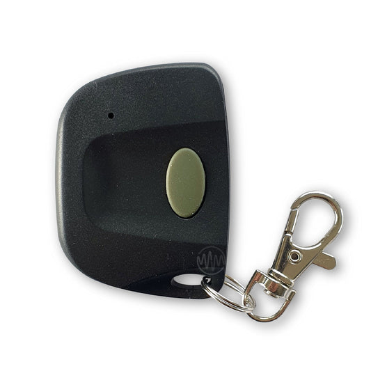 Black keyring type garage door remote with single oval grey button