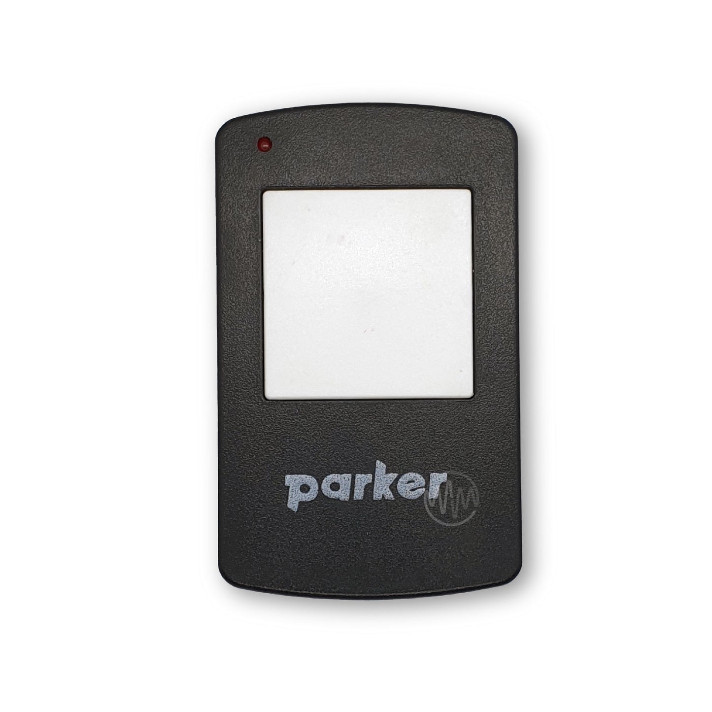 Black Parker branded garage door remote with large single white square square button 