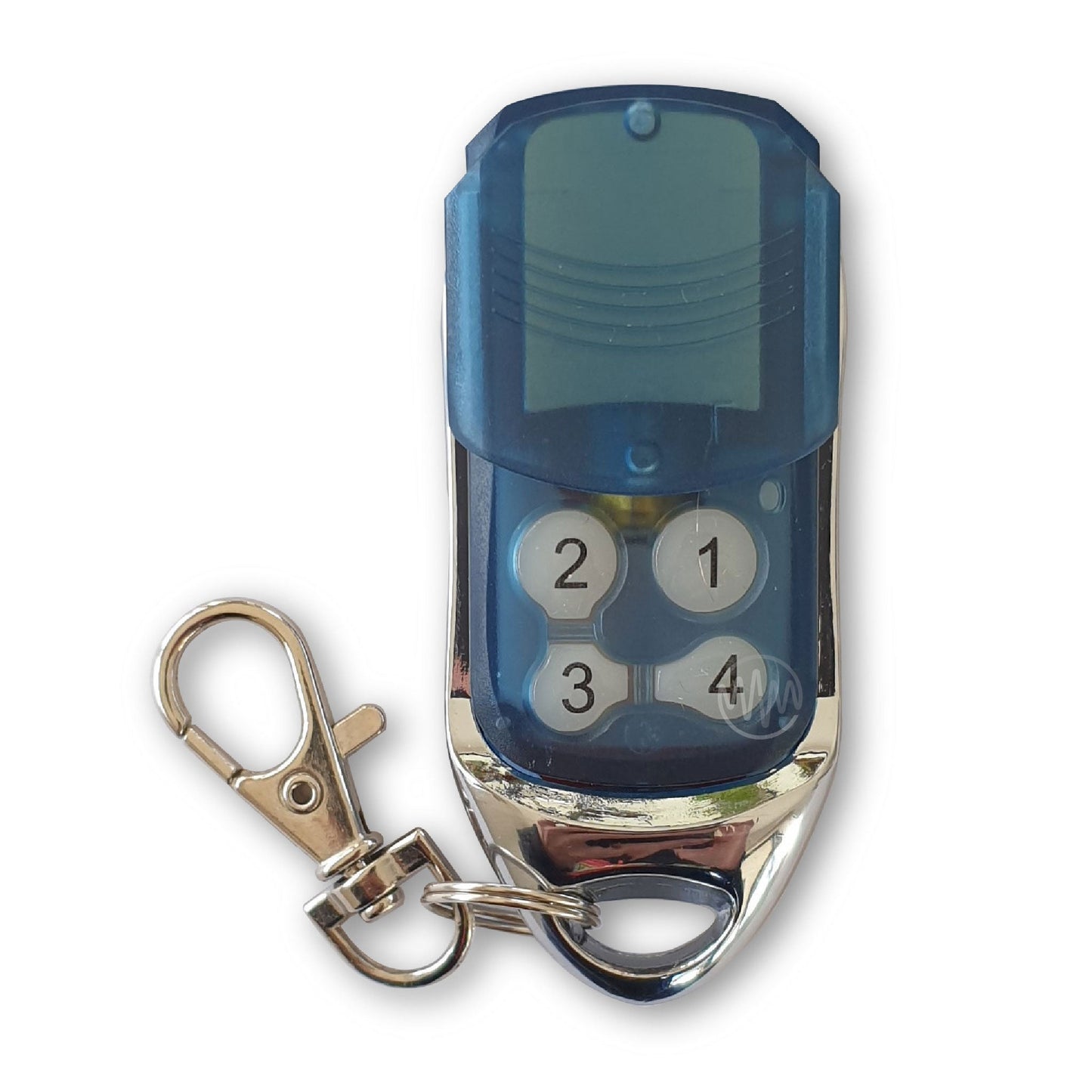 RCG12C clear blue & chrome replacement garage door remote with 4 numbered buttons & slide cover