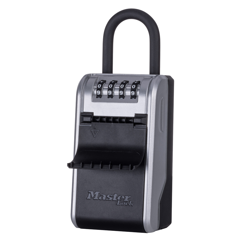 Master Lock silver & black shackle lock box with shutter open & 4 dial code access