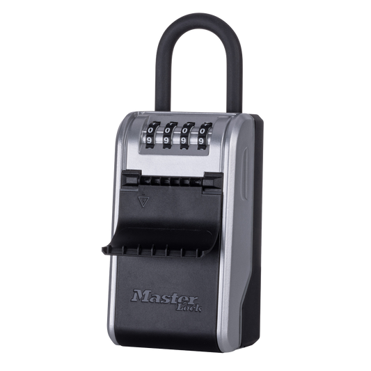 Master Lock silver & black shackle lock box with shutter open & 4 dial code access