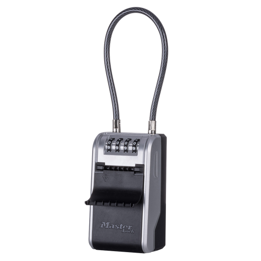 Master Lock silver & black flexi cord lock box with shutter open & 4 dial code access