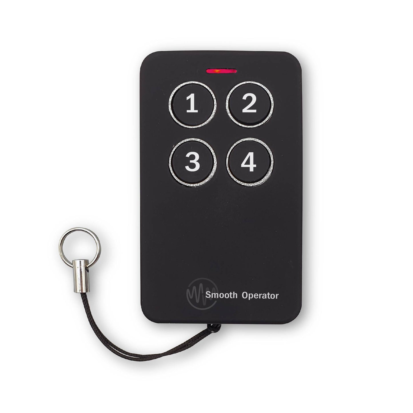 Black & silver smooth operator garage & gate remote with 4 numbered buttons