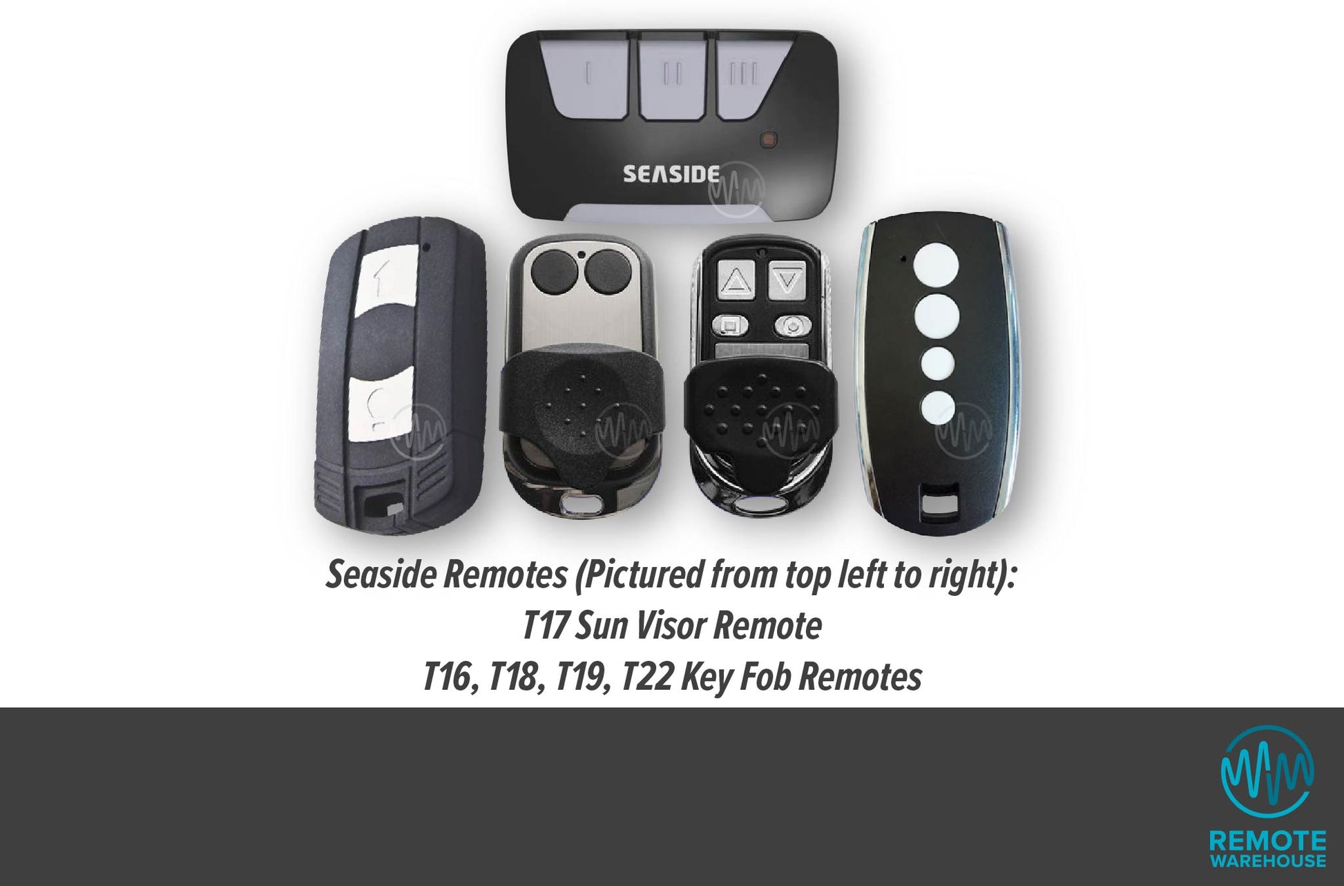 Group of all Seaside brand garage remote controls 