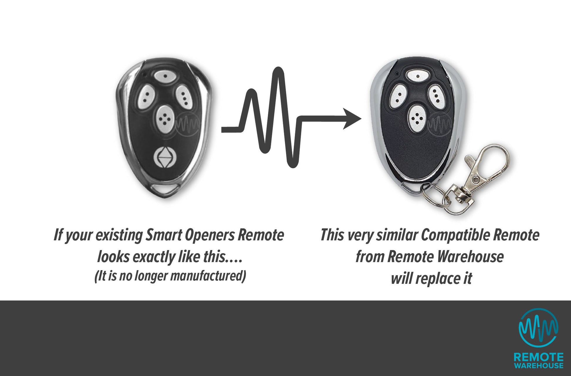 Original Smart Openers remote replaced with chrome & black egg shape 4 button remote