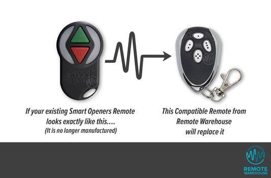 Black green & red triangle button Smart Openers remote replaced with chrome & black egg shape 4 button remote