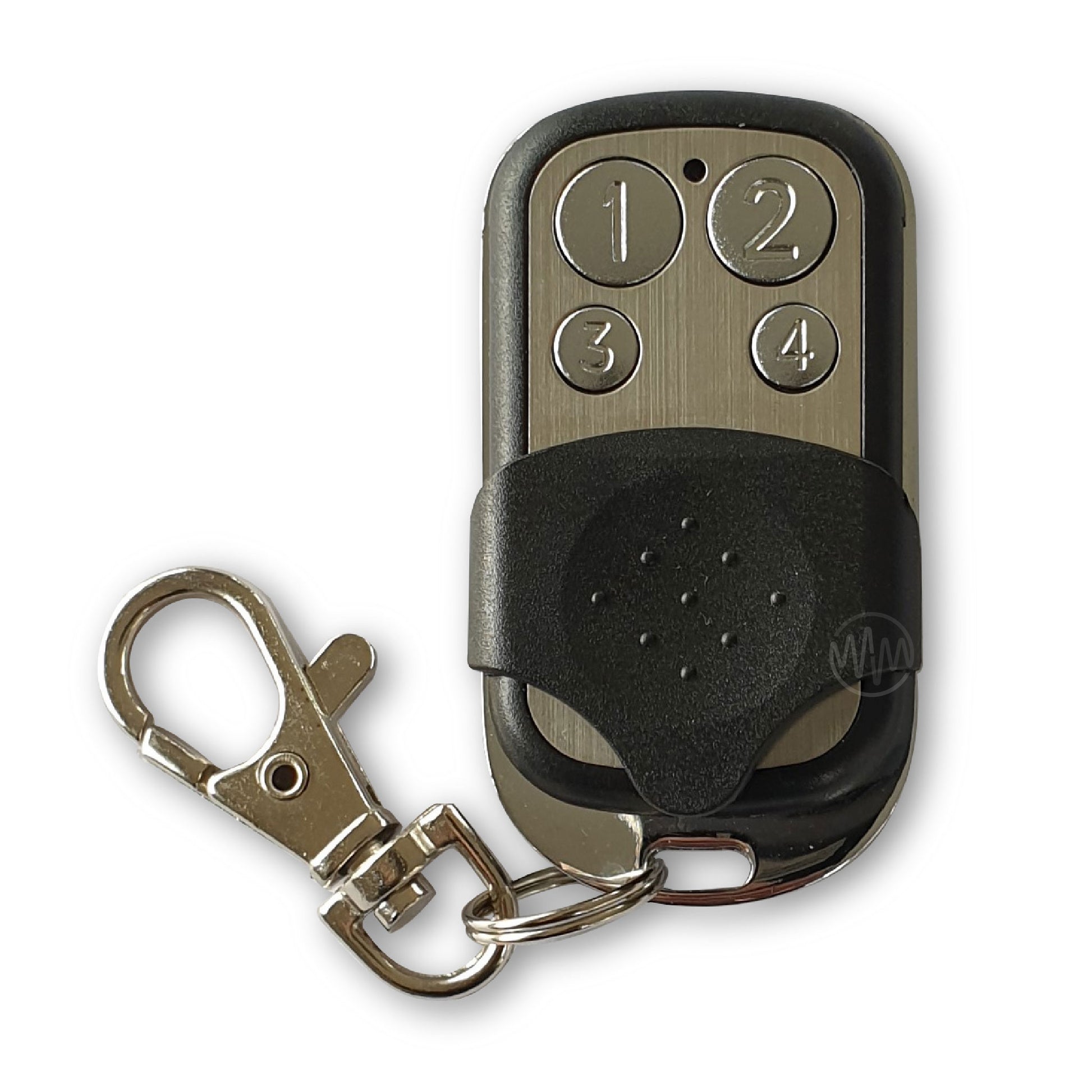 Black & silver garage door remote with black slide cover & 4 numbered buttons for Seaside garages