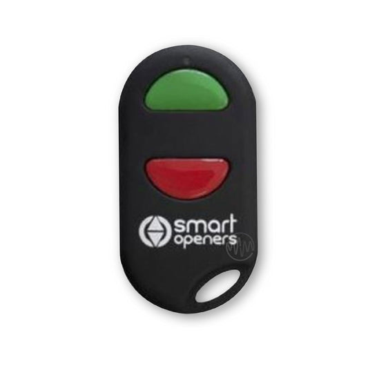 Black oval Smart Openers garage remote with 1 green & 1 red button 