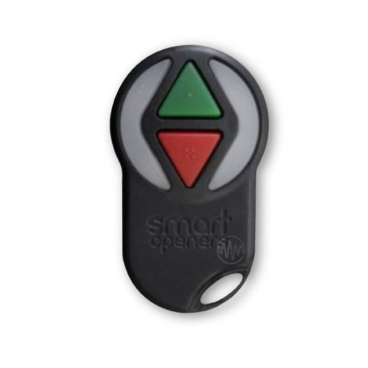 Smart Openers black 4 button remote with 1 green & 1 red triangle button flanked with clear buttons on each side