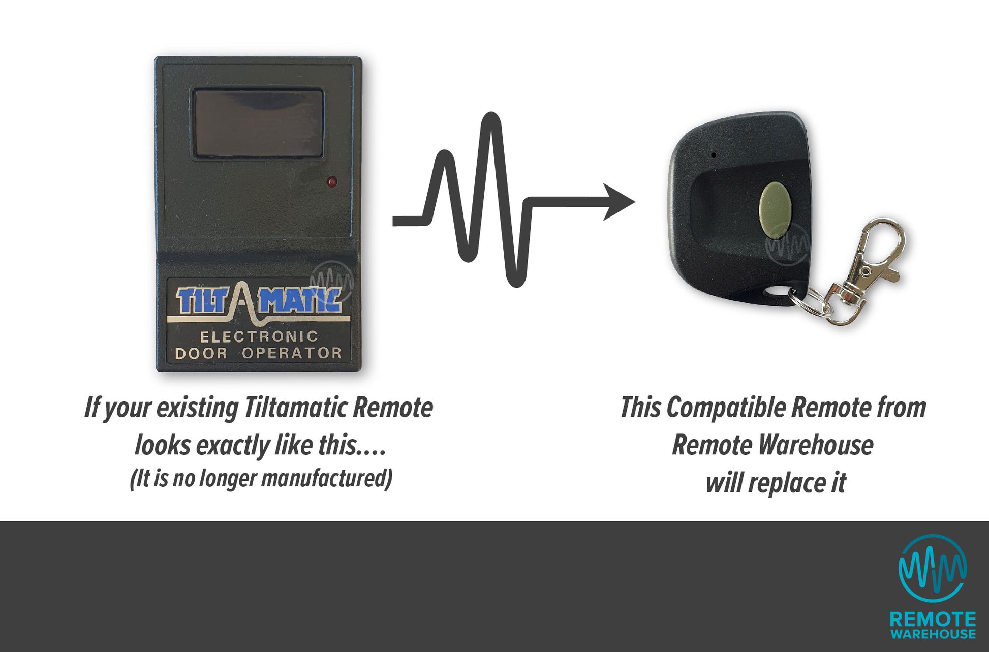 Big black rectangle Tilt A Matic branded remote is replaced with little grey 1 button keyring garage remote 