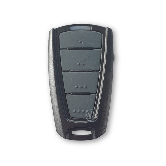 TMT Black sun visor style gate remote with 4 grey rubber buttons in a row down the centre